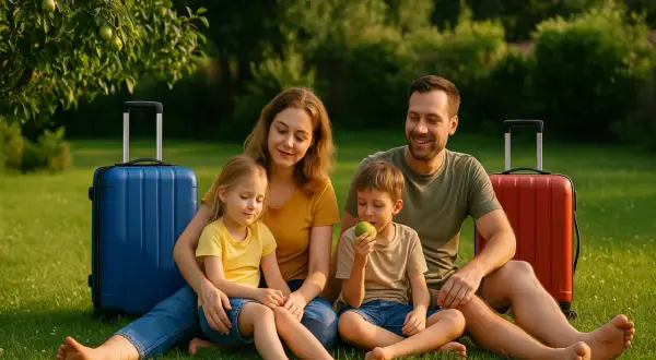 Rodzina z walizkami pod gruszą, gotowa na wczasy. Poznaliśmy już wczasy pod gruszą zasady, teraz czas na relaks.
