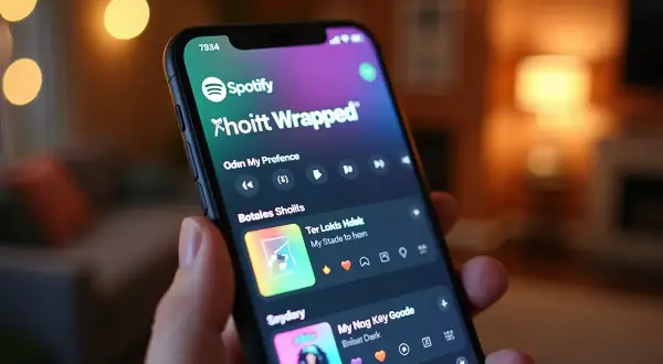 Dłoń trzyma smartfon z otwartą aplikacją Spotify Wrapped, pokazującą listę utworów.