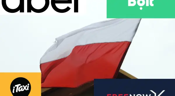 Logo Uber, Bolt, iTaxi i FREE NOW na tle polskiej flagi. Wybór transportu: Bolt czy Uber?