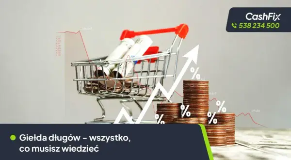 Miniaturowy wózek sklepowy wypełniony monetami i banknotami, symbolizujący giełdę długów. Wykresy i procenty sugerują zmienność rynkową.