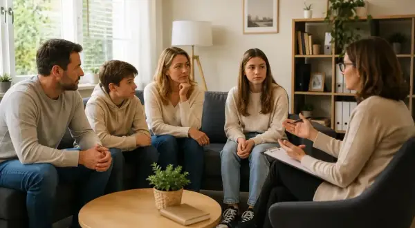 Rodzina podczas terapii systemowej. Terapeuta rozmawia z rodzicami i dwójką dzieci, siedząc naprzeciwko nich.