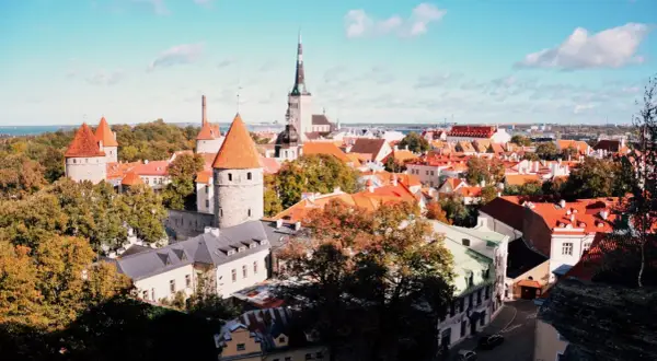 Widok na średniowieczne wieże i czerwone dachy Starego Miasta w Tallinnie. Idealne miejsce, by zobaczyć, co warto zwiedzić w stolicy Estonii.