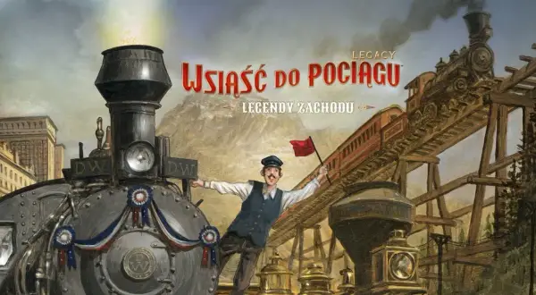 Wsiąść do pociągu Legacy: Legendy Zachodu. Konduktor z czerwoną flagą zaprasza do podróży parowozem przez malownicze krajobrazy.