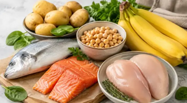 Bananen, Fisch, Hähnchenbrust, Kichererbsen, Kartoffeln und Spinat – alles leckere Vitamin B6 Lebensmittel für eine ausgewogene Ernährung.