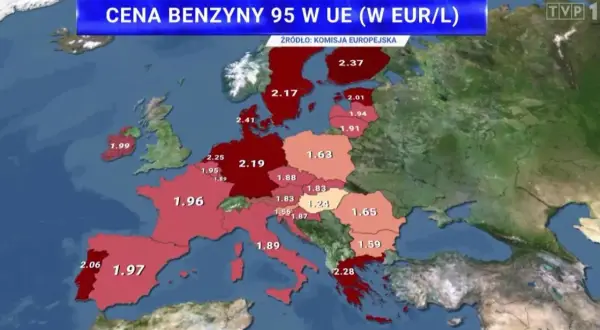 Mapa Europy pokazuje ceny paliwa w euro za litr. Najwyższe ceny benzyny 95 w UE odnotowano w krajach skandynawskich i niektórych zachodnich.
