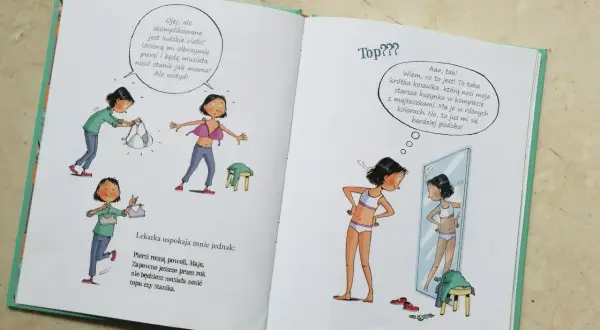 Ilustracje z książki o dojrzewaniu, pokazujące dziewczynki przymierzające biustonosze i bieliznę.