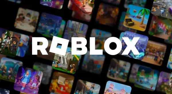 Logo Roblox otoczone mozaiką z miniaturkami fajne gry na roblox. Widać różne światy i postacie.