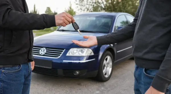Przekazanie kluczyków do niebieskiego Volkswagena. Dowiedz się, jak zgłosić sprzedaż samochodu i dopełnić formalności.