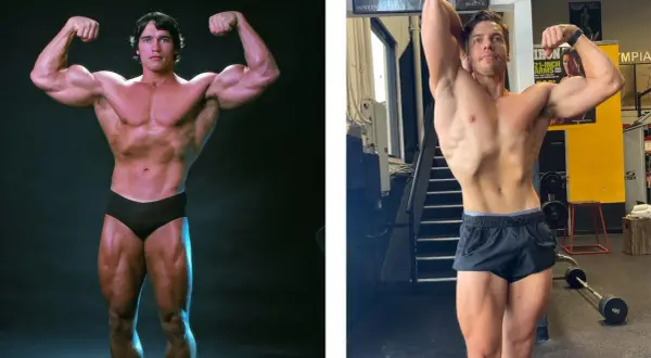 Arnold Schwarzenegger barn jämförs med en modern bodybuilder. Båda visar upp sina muskler i en klassisk pose.