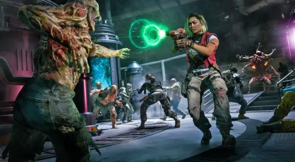 Kobieta strzela do hordy zombie z futurystycznej broni. Intensywna akcja w stylu gry o zombie.
