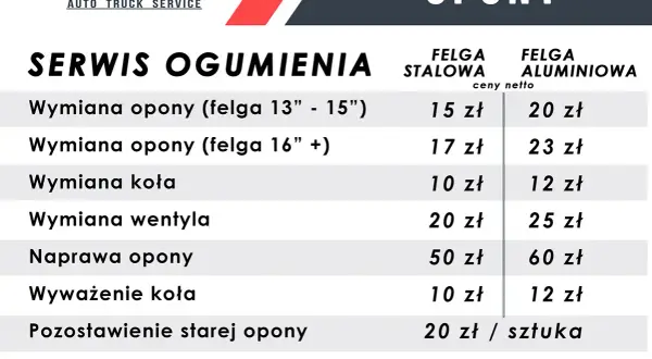 Cennik serwisu opon: ile kosztuje wymiana opon na felgach stalowych i aluminiowych, wyważenie, naprawa.