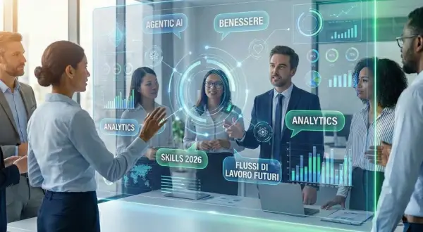Team discute strategie di risorse umane su schermo olografico con dati su AI, benessere e flussi di lavoro futuri.