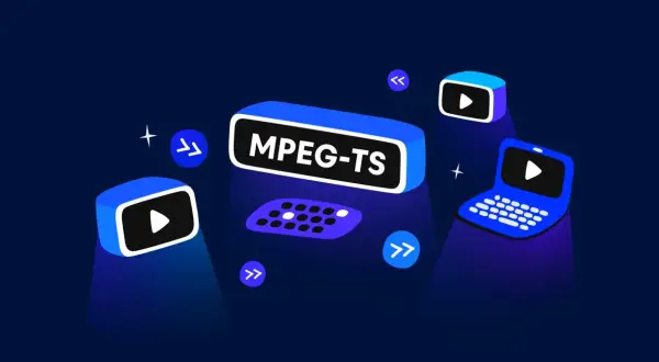 MPEG-TS is the format for live stream broadcasting. Devices like laptops and screens display play buttons, suggesting content delivery.