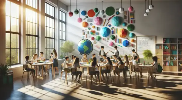 Aula luminosa con niños trabajando en proyectos educativos. Decoración colorida en la pared, un globo terráqueo y estanterías llenas de libros.