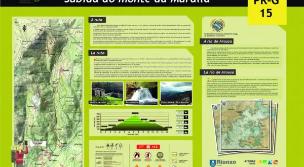 Mapa de senderismo con el mirador Monte Muralla. Incluye perfil de altitud, información sobre la ruta y la ría de Arousa.