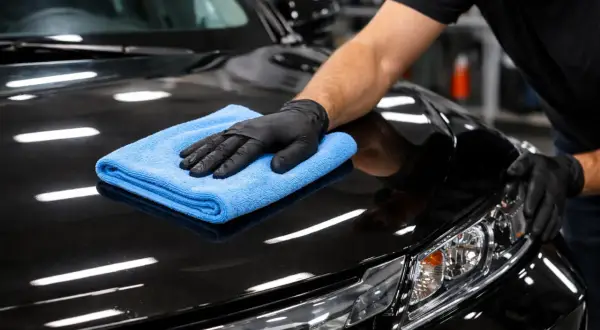 Rękawiczka z mikrofibry rozprowadza wosk po czarnej masce auta, nadając jej połysk. Pokazano, jak nakładać wosk na auto.