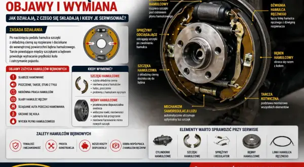 Schemat hamulca bębnowego: szczęki hamulcowe dociskane do bębna, cylinderki, sprężyny i mechanizm samoregulacji. Kluczowe elementy układu hamulcowego.