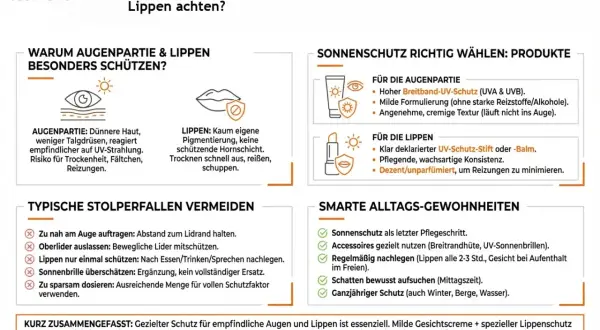 Sonnenschutz tipps für Augen & Lippen: Dünne Haut, wenig Pigmentierung. Produkte mit Breitband-UV-Schutz, milde Formulierungen & Lippenpflege sind wichtig.