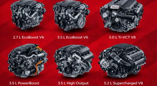 Silniki Ford F-150: 2.7L EcoBoost V6, 3.5L EcoBoost V6, 5.0L Ti-VCT V8, 3.5L PowerBoost Full Hybrid V6, 3.5L High Output EcoBoost V6, 5.2L Supercharged V8.