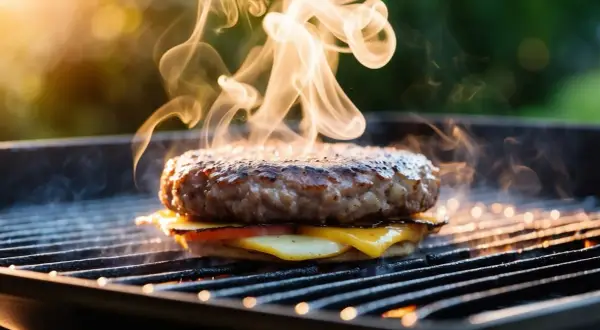 En saftig hamburgare med smält ost och tomat grillas, perfekt hamburgare temperatur med rök som stiger.