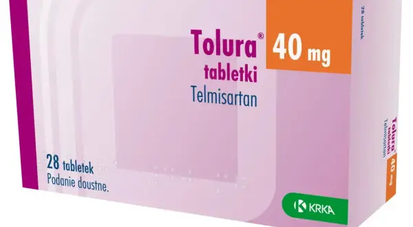 Opakowanie leku Tolura 40 mg zawierające 28 tabletek z telmisartanem. Podanie doustne.
