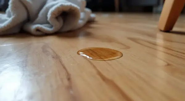 Une petite tache d'eau sur un parquet en bois. Un tissu blanc est posé à proximité, prêt à éponger.