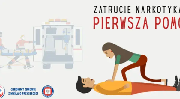 Ratownicy transportują pacjenta do karetki, a kobieta udziela pierwszej pomocy nieprzytomnemu mężczyźnie.