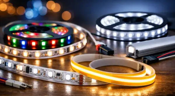Różne rodzaje taśm LED: kolorowe RGB, białe, żółte i w profilu aluminiowym.