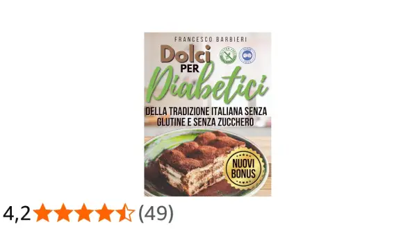 Copertina libro "Dolci per Diabetici", con un tiramisù e la promessa di dolci senza zucchero e senza glutine.