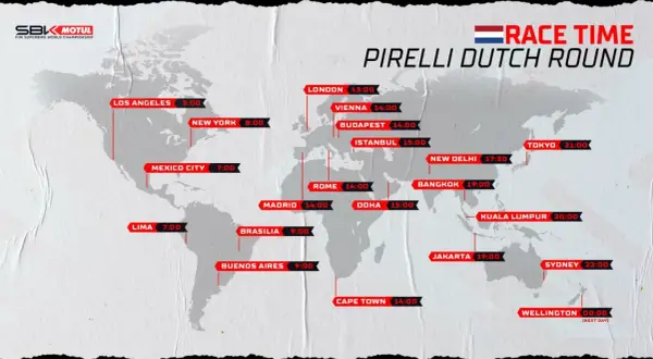 Mapa mundial con el horario SBK hoy para el Pirelli Dutch Round. Muestra horas locales en ciudades como Londres, Nueva York y Tokio.