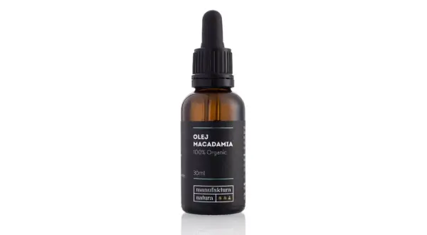 Brązowa buteleczka z pipetą, zawierająca olej do olejowania włosów Macadamia 100% Organic.