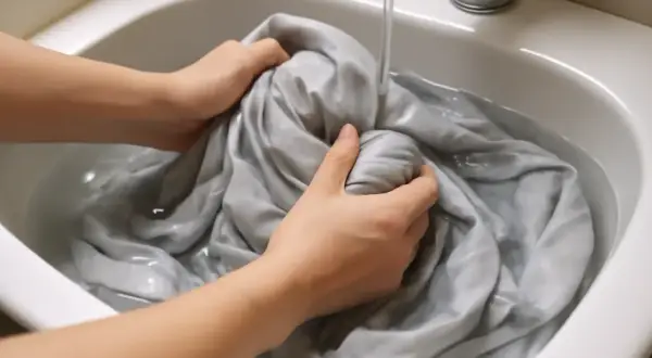 Mani che lavano delicatamente un tessuto di raso grigio in un lavandino, mostrando come lavare il raso a mano per mantenerlo morbido e lucido.