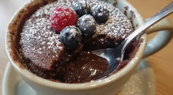 Chokladig mug cake med bär och florsocker. En sked dyker ner i den smältande chokladen.