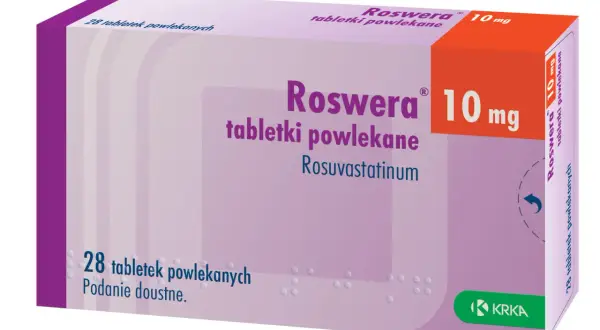 Opakowanie leku Roswera 10 mg, zawierające 28 tabletek powlekanych z rosuwastatyną.