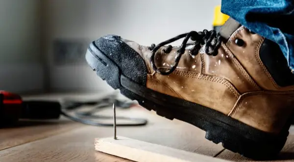 Buty robocze z podwyższonym noskiem chronią stopę przed gwoździem wbitym w deskę.