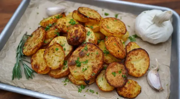 Geröstete knoblauch kartoffeln mit Rosmarin und Petersilie auf einem Backblech.