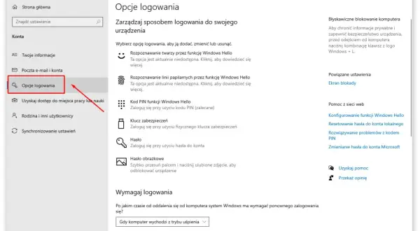 Ustawienia konta Windows. Wybierz "Opcje logowania", aby dowiedzieć się, jak założyć hasło na komputer, skonfigurować PIN lub inne metody logowania.