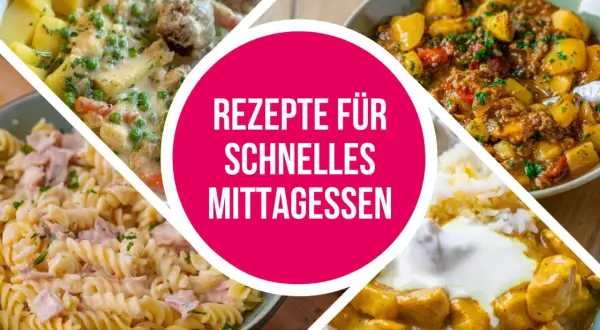 Vier leckere Gerichte für ein schnelles Mittagessen: Frikadellen mit Kartoffeln, Gulasch mit Kartoffeln, Nudeln mit Schinken und Curry mit Reis.