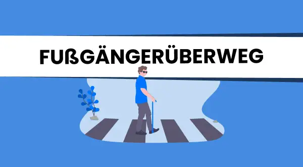 Ein Mann mit Stock und Sonnenbrille überquert den Zebrastreifen. Das Verkehrszeichen 350, Fußgängerüberweg, ist prominent platziert.