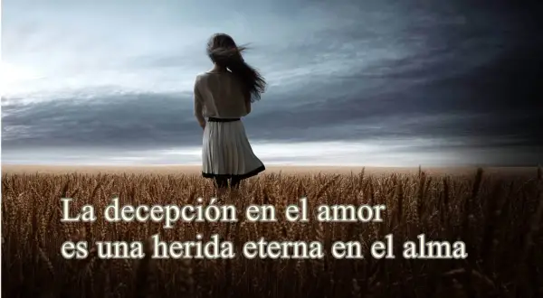 Mujer sola en campo de trigo, con cielo tormentoso. Frases de decepción de la vida, como una herida eterna en el alma.