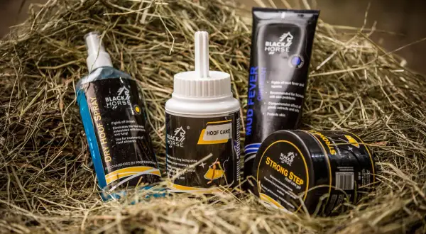 Zestaw produktów "Black Horse" do pielęgnacji kopyt: spray, maść i żel. To profesjonalne narzędzie kowala dla zdrowych koni.