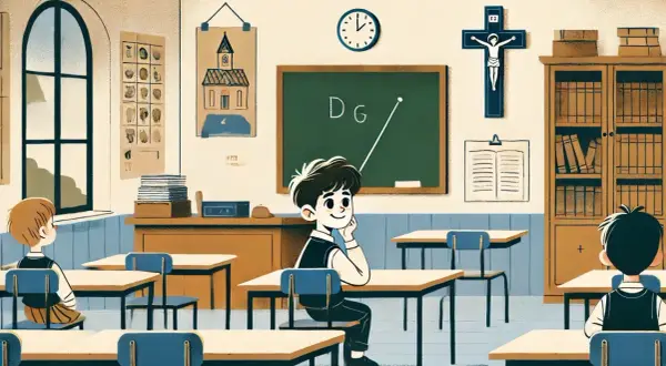 Klasa z krzyżem na ścianie, tablicą i uczniami. Lekcja religii w szkole.