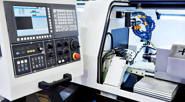 Panel sterowania zaawansowanych maszyn CNC z ekranem, klawiaturą i pokrętłami. Widać fragment obrabianego detalu i system chłodzenia.