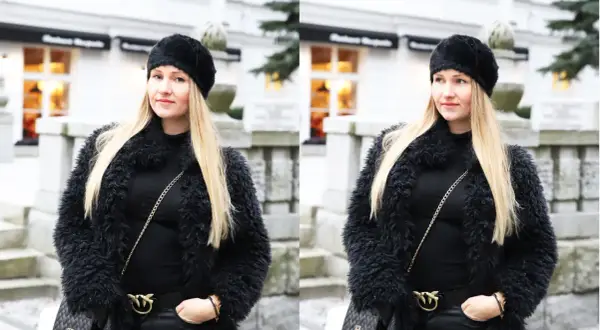 Kobieta w czarnym, puszystym futrze i czapce. Eleganckie futro stylizacje na zimę.