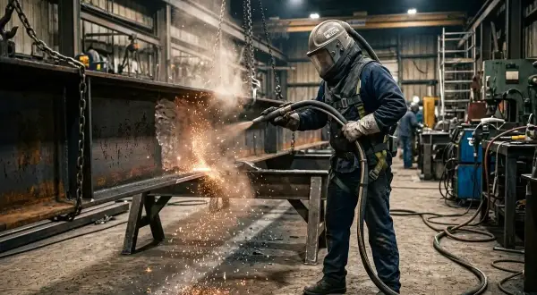 Pracownik w masce ochronnej wykonuje metalizację natryskową na stalowej belce, tworząc iskry i pył.
