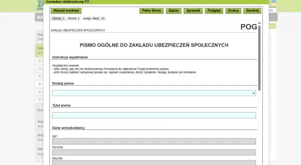 Formularz do ZUS RPA, gdzie można złożyć pismo ogólne, wyjaśnienia, skargę lub odwołanie. Wypełnij dane wnioskodawcy.