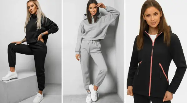 Trzy kobiety prezentują zestawy ubrań. Dowiedz się, jak się ubrać w góry jesienią, wybierając wygodne dresy lub kurtkę softshell.