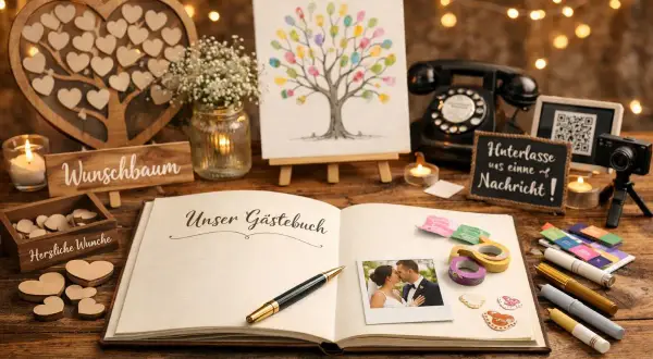 Hochzeitsdeko mit Gästebuch, Wunschbaum & Fingerabdruck-Baum. Originelle Ideen für eine unvergessliche Hochzeit.