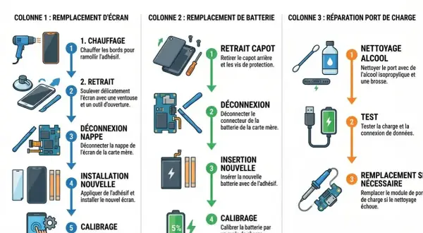 Diagramme des réparations de smartphone : remplacement écran, batterie, port de charge. Ce tech stack visuel guide les étapes.