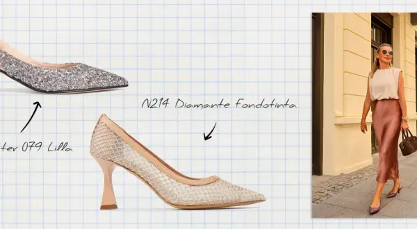 Eleganckie szpilki: srebrne z brokatem, beżowe z siateczką i kryształkami, oraz kobieta w szpilkach na ulicy.